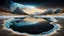 Placeholder: Abstract Landscape with surreal iced desert, mountains, iced water, reflections, sharp lights and shadows . The scene features circles, lines and ovals, all enhanced by overlapping, adding depth and dimension. In the scene old bones lying in sand in the right side. The sky is dramatic, filled with swirling dark clouds , creating an intense atmosphere. The color palette consists of rich, deep hues, watercolor and dark ink, like a dark dream