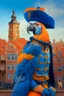 Placeholder: Half parrot half human in a 1700s Orange Dutch uniform next to a Dutch city with blue feathers