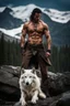 Placeholder: Handsome and muscular 30 year old shirtless mountain man standing next to a white wolf, dark fantasy, snow capped mountains