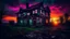 Placeholder: A ruined house stands alone in the middle of a desolate landscape, its broken windows revealing a kaleidoscope of vibrant colors that seem to spill into the darkness. The dawn sky casts an eerie glow over the scene, adding to the haunting beauty of this abandoned place.