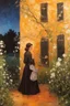 Placeholder: Night, vegetations, flowers, one woman, distant house, mistery, gothic horror films influence, hans thoma, and george iness paintings