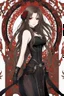 Placeholder: A confident looking young woman with pale skin and long brown hair in a dark fantasy setting with intricate details. She is wearing black and read leather, has red eyes, an air of malevolent power surrounds her. Anime style. High definition.