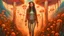 Placeholder: woman with black hair in a ponytail, in light brown leather trousers and jacket, walking through a forest of colourful Alien mushrooms with jellyfish tentacles, photorealistic, Intricate Detail