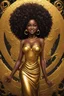Placeholder: Create a expressionism art image of an astrological sign of Leo shinning. A curvy african female looking at the symbol with a smile on her face. Prominent makeup with hazel eyes. High detailed curly tight black afro. She is wearing a gold maxi dress with no shoes
