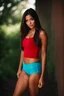 Placeholder: pretty18 year old girl with olive skin and long chocolate brown side swept hair. Blue eyes. wearing red underwear