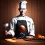 Placeholder: portrait of handsome man and chef in front dark wooden statue of a cook, shiny fork and knifes on dinner table with cloth, fantasy art book cover