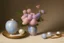 Placeholder: Peder Monk Monsted style, still life on a table, light blue porcelain vase, lilac flower, string of pearls,