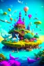 Placeholder: An enchanting and whimsical wonderland wall art portraying a magical realm with talking animals, floating islands, and flying ships, a sense of childlike imagination and fantasy pervades the scene, 3D rendering, with a focus on vibrant colors and dreamlike elements