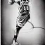 Placeholder: Realistic, drawing, black and white, basketball player, slam dunk