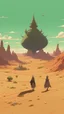 Placeholder: a big and giant men and ufo hovering above and wolfs in the forgotten desert in medieval times, in anime style Bosch nightmares