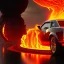 Placeholder: sweeping view of detailed phong shaded rendering of a car made of only molten lava, headlights, bumpers, whole car is lava