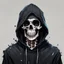 Placeholder: portrait of a Skeleton in a black hoodie, the skeleton is covered in paint, digital painting, cartoon stlye