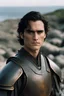 Placeholder: A portrait of Joaquin Phoenix from year 2000, beachy haircut, black hair, on a rocky island, in burnished medieval samurai armor, melancholic and dangerous facial expression