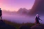 Placeholder: dark elf man, drizzt, pink eye, fantasy, forest, sunset, mystic, fog render unreal, cave exit, mountain, 2 scimitars, big landscape, green coat