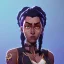 Placeholder: sci-fi, arcane animation series style, league of legends, Solo, 1girl, attractive female with freckles, african, dark skin, golden eyes, dark hair, braided dreadlocks, earrings, makeup, (detailed skin texture), white and indigo-blue suit