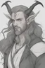 Placeholder: A dnd character portrait, a tiefling man with long hair and long black horns, white eyes and pale skin. Rogue.