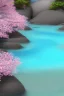 Placeholder: petite Riviere turquoise avec au bord des fleurs cerisier en fleur rocher avec mousse petits cristaux sur la mousse