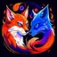 Placeholder: un zorro y un gato, el zorro es blanco con colores naranja y celeste, que el ojo izquierdo del zorro sea celeste y el ojo derecho de color naranja, que el fondo también cuente con estos mismos colores en forma de llamas; y el gato que sea negro con símbolos egipcios en la cara y ojos de color rosa con llamas que sean de color morado que salgan de sus ojos, en un ambiente con tonos morados