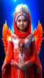 Placeholder: Full body wide-angle RAW photo, the fire princess wearing very luxurious and jewel-embellished clothes, fully covered, holding a fire shawl, opals and flower decorations, fractal wing texture, coming out of a burst of fire, winter scenery in the background, beautiful woman's face indonesia, high detail skin, phoenix, fire, 8k uhd, dslr, soft lighting, high quality, film grain