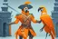 Placeholder: half parrot half human in a orange Dutch uniform with a katana having a sword fight in snow against a half human half skeleton