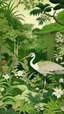 Placeholder: An olive green jungle with a crane designed in Scandinavian folk art painted by Katsushika Hokusai
