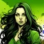 Placeholder: create a comic style portrait of a beautiful young woman with long black wavy hair and green eyes in an apocalypse