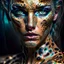 Placeholder: candy leopard, portrayed with the intricate facial features and extremely detailed pupils characteristic of Stefan Gesell's style, blended with the elongated forms and dramatic chiaroscuro reminiscent of El Greco, conveyed through a light painting technique with push processing, incorporating holographic elements for a dreamy, vibrant effect, soft skin texture, clarity achieved, supporting a perfect composition, cinematic atmosphere, delicate detail