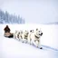 Placeholder: Create an image of sledge dogs that drag a sled in the snowy expanses of Alaska on which sit four Eskimo children dressed in white bear fur coats, the sled makes deep tracks in the snow, in the background of his circle in front of which stands an Eskimo hunter with a catch of fish, afternoon photo, outdoor photo, photo Realistic, 18K, wide lens