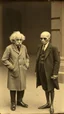 Placeholder: An old picture style of white and brown and very bad quality old Kodak camera with cracks of Einstein standing with an Alien who is wearing a suit, the year 1900