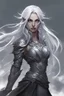 Placeholder: four female elfs with skin the color of storm clouds, deep grey, stands ready for battle. one with white hair and other long black hair flows behind her like a shadow, while her eyes gleam with a fierce silver light. Despite the grim set of her mouth, there's a undeniable beauty in her fierce countenance. She's been in a fight, evidenced by the ragged state of her leather armor and the red cape that's seen better days, edges frayed and torn. In her hands, she grips two swords