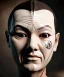 Placeholder: Simetric Realistic image portrait. Sweet head traditional japanese porcelain mask. Smooth. Dark ambient. Cold. God light. 4k resolution, intricate details, ornate details, soft lighting, unreal engine 5.