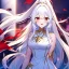 Placeholder: Clear focus, 8k, beautiful lighting, vibrant colors, girl, white hair, long hair, vibrant red eyes, ponytail, messy hair, gold and white outfit,