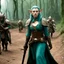 Placeholder: (Monthy python and Pan's Labyrinth (2006)) heavily armed female elf on the march, rusty and dusty with a sharp pole arm