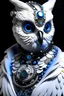 Placeholder: Beautiful white steampunk snow owl bird masqued lady portrait, extremely textured biomechanical shamanism ribbed costume jacket with miniature onix mineral stone like textured decadent goth metallic filigree white and silver dust colour gradient opal ribbed headress adorned with biomechanical shamanism silver and blue fbioluminescense agate and azurit ribbed headress wearing bioluminescense biomechanical floral embossed silver jewellry naeklace and costume organic bio spinal ribbed detail of bio