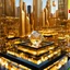 Placeholder: array of crystal cubes and golden sphers, which reflects the modern city environment in modern city escape , transforms into array of crystal cubes.