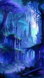 Placeholder: An ancient abandoned elvish city that a forest has grown over, over the centuries in high fantasy style that gives off a cozy vibe, light blueish purple hue