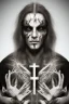 Placeholder: Symmetric portrait of a man with black metal facepaint, with long white hair, with a Christian cross on his chest, with bloody eyes