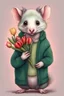 Placeholder: Green opossum wearing cardigan holding a bouquet of tulips cute art