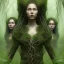 Placeholder: photo. .three women. A mother. Two daughter. Twins. A mother with her children. three young black women. wood nymphs emerging from the forest. Her hair looks like vines. Dreadlocs. Her skin is the colour of dark soil. Her skin looks like tree bark. Her clothing is made of vines, grass and leaves.