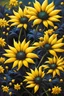 Placeholder: vibrant psychedelic oil painting image, airbrush, 64k, cartoon art image of background yellow and black dahia flowers, dystopian