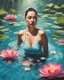 Placeholder: one woman in a pool, with lotuses, she is attacked by a dangerous alien women