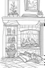 Placeholder: Cozy fireplace scene with stockings hung, clean line art, well outlined, white background, for kids coloring book.
