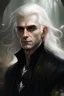 Placeholder: Portrait of a human man, shaggy white hair, dressed in black, pale,in a fantasy world