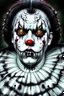 Placeholder: ultra detailed and highly realistic image of a gothic, scary clown, close up of him standing in the rain, the rain messed up his face makeup as it smudged of his face, chaotic, dramatic upclose view, 32k, splatter paint style