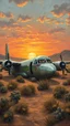 Placeholder: A 1950 commercial airplane with broken glass and doors in front of crashed in realistic desert with sand dunes and sunset in a forgotten battlefield over run by vegetation, cutesy tiktok detailed oil painting, grainy, old style