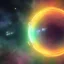 Placeholder: cosmos, metallic sky stars, sky blue light, blue light, green moons with neon rings, 8k resolution, detail