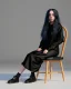 Placeholder: Billie Eilish, sitting on a chair, Black Short Dress, high detail, realistic