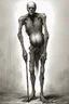 Placeholder: The full body of a fat old man , use the face in the picture , holding a cane , front view camera, decayed and rotting with grotesque proportions and imagery. surreal horror, biomechanical design, by hr giger and beksinski , fine lines draw