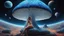 Placeholder: beautiful women sitting with no braa on a big blue mushroom in space, planets at the back ground, hyper realistic.