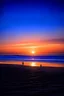 Placeholder: Picture a serene beach scene with an expansive ocean stretching out into the horizon. The sky is a canvas of colors blending from shades of deep blue near the top to soft purple and oranges where the sun is setting. The sun is a glowing ball, nearly touching the horizon, casting a warm, purple hue across the sky. In the foreground, two very Big silhouetted people Holding hands.